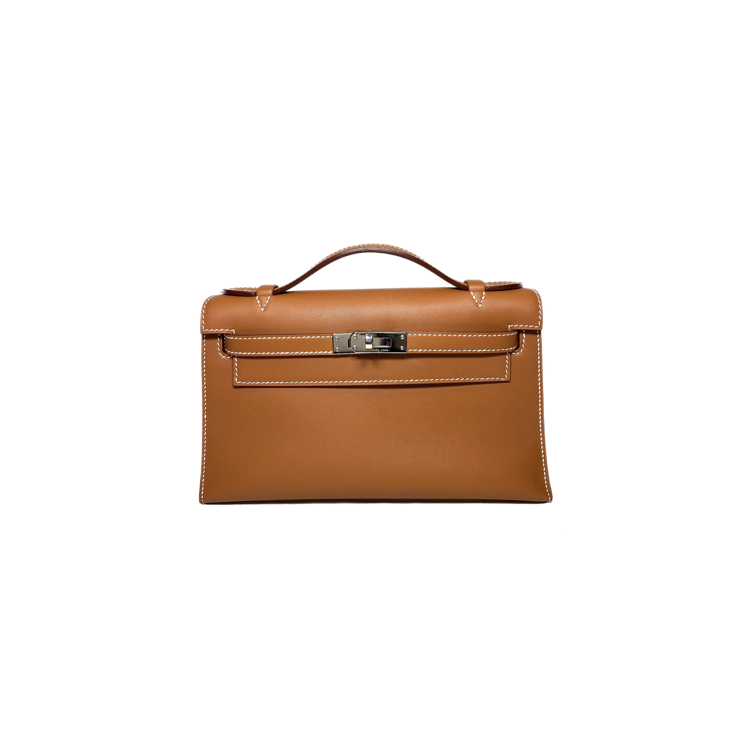 HERMES MASTER KELLY POCHETTE GOLD SWIFT PALLADIUM HARDWARE (22*14*7cm) 